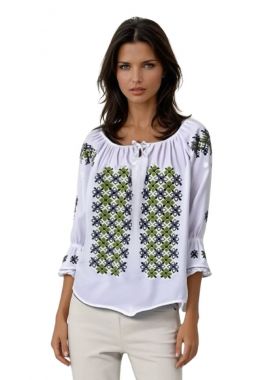 Ie dama alba cu broderie, B23, alb trandafir/verde