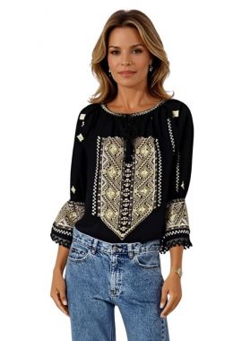 Bluza traditionala neagra dama R24, negru/auriu