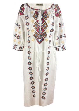 Rochie traditionala dama R25 alb/maro