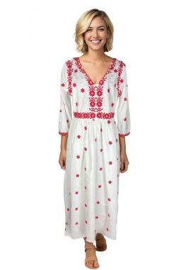 Rochie dama traditionala S25 alb/rosu