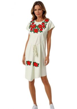 Rochie traditionala bej, dama R777, bej/rosu
