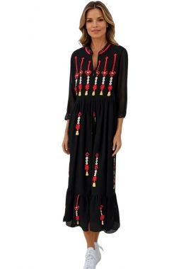 Rochie traditionala, neagra, dama RL24, negru/rosu