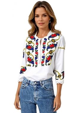 Ie dama alba cu broderie, R 124, alb/rosu ferrari