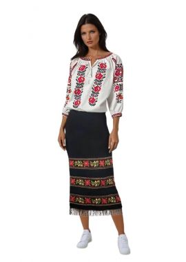 FUSTA TIP FOTA TRADITIONALA ROMANEASCA PENTRU DAMA NEAGRA CU BRODERIE CU MOTIVE TRADITIONALE ROMANESTI COLORATE IN NUANTE DE VERDE ROSU GALBEN BEJ