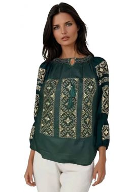 Bluza traditionala verde cu broderie, RBIB, verde/crem