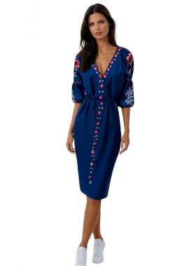 Rochie traditionala denim, dama R, albastru/rosu