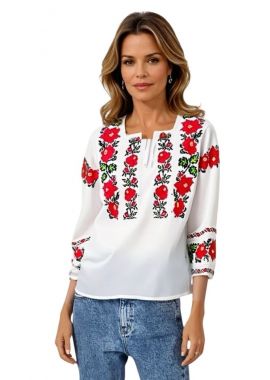 Ie dama alba cu broderie, R 25, alb/rosu bordo mat