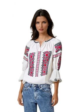 Ie dama alba, cu broderie, Dacali, ML26, alb/rosu