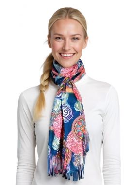 fular dama casmir colorat in nuante de verde si rosu,imprimat cu cercuri si motive florale