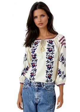 Bluza  dama bej  traditionala,  R256  bej/albastru