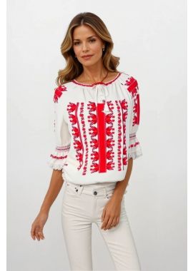 Ie dama alba cu broderie RM 128, rosu bordo