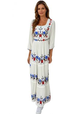 Rochie traditionala alba,  dama, R370, alb/rosu