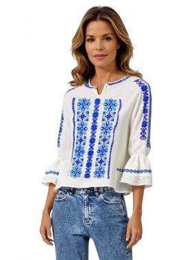 Ie dama alba cu broderie R 25, alb/blue coral