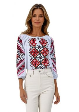 Ie dama alba cu broderie, R24D, alb pur/rosu