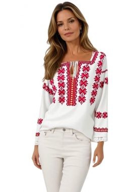Ie dama alba cu broderie, RIAG, alb/rosu ferrari