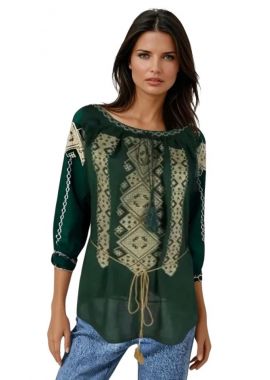 Bluza traditionala verde cu broderie, B23, verde/auriu
