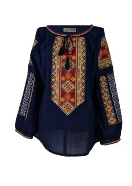 Bluza traditionala dama albastra D24, albastru/portocaliu