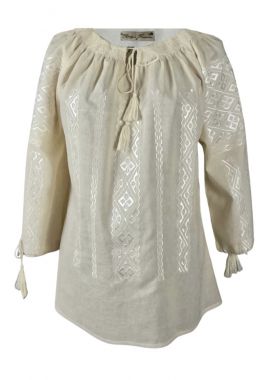 Bluza traditionala bej, dama, B23, alb cristal/rosu