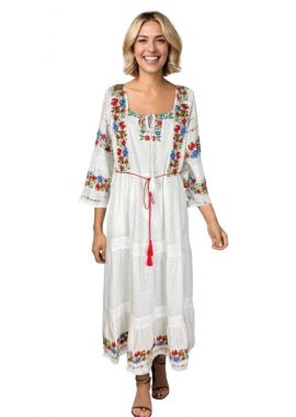Rochie dama traditonala S25 alb/verde