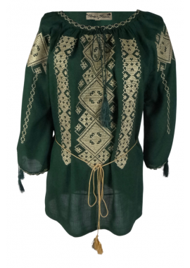Bluza traditionala verde cu broderie, B23, verde/auriu