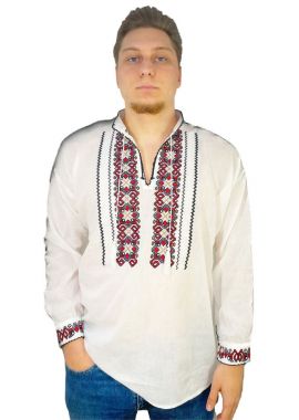 ie barbateasca alba ,brodata cu model traditional in nuante de rosu negru si galben
