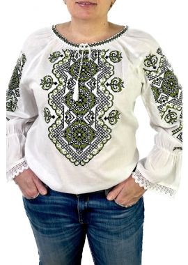 Bluza tip ie traditionala Dacali, dama, ML09, alb/verde-S